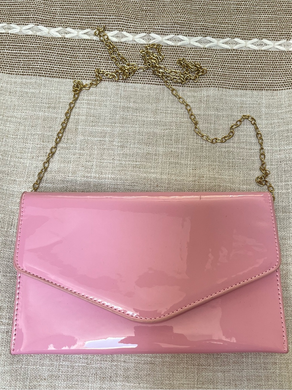 Steve Madden Pink Patent Envelope Clutch with Gold Chain